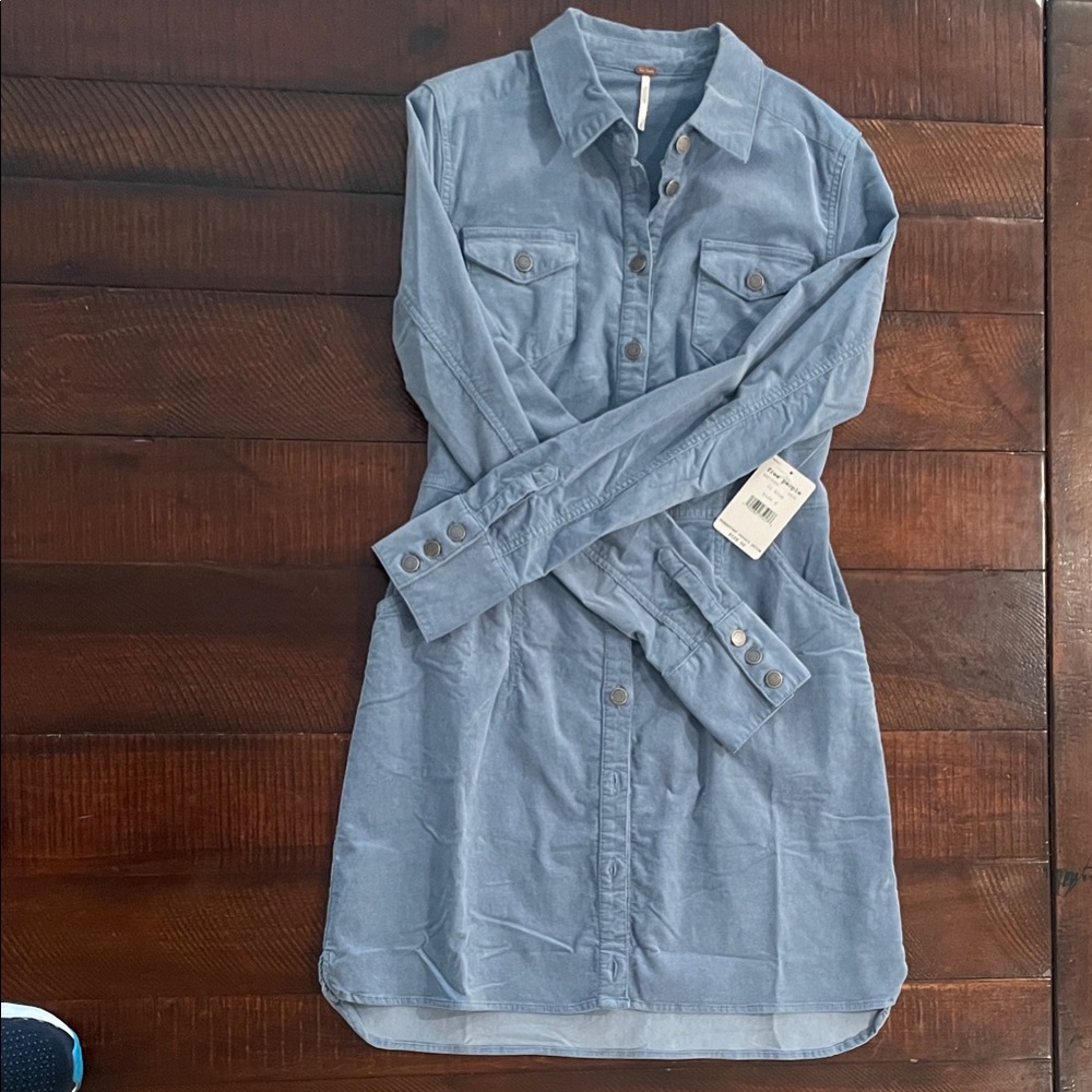 Free People Soft Blue Corduroy Fabric Shirt Dress